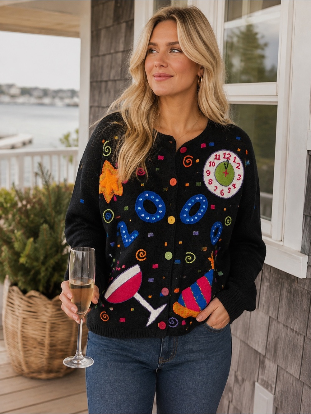 NORTHERN ISLES Vintage Y2K Novelty New Year’s Eve Cardigan Size Large